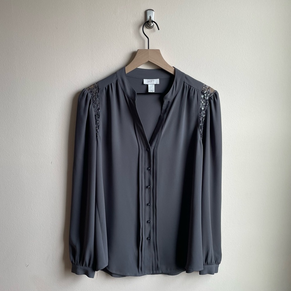 Loft Grey Long Sleeve Button Down Blouse